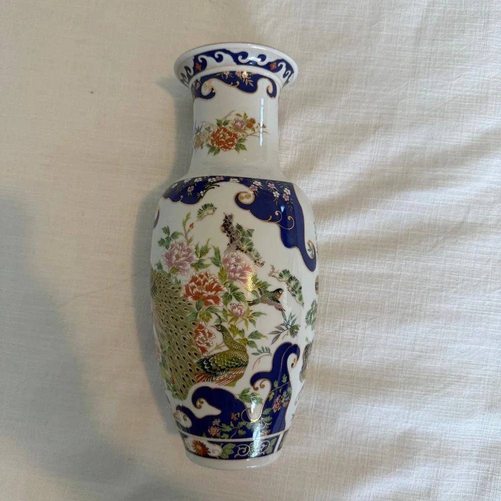 Tozan Japan Porcelain Peacock Floral Vase Cobalt Blue Gold Gilt 12 Inch Vintage